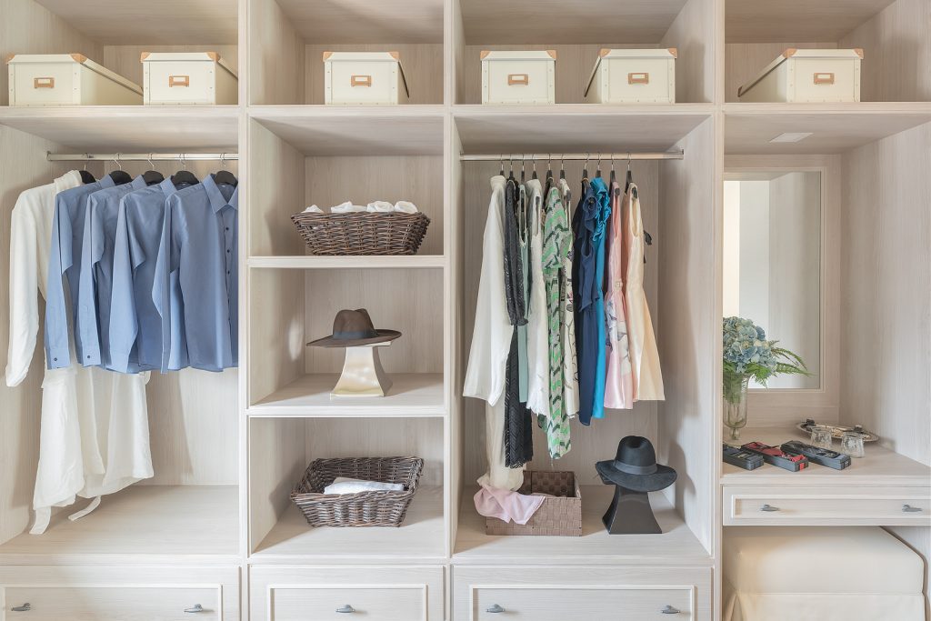Design your own wardrobe online - Modern-Wooden-Wardrobe-With-Clothes-Hanging-On-Rail-In-Walk-In-Closet-Design-Interior