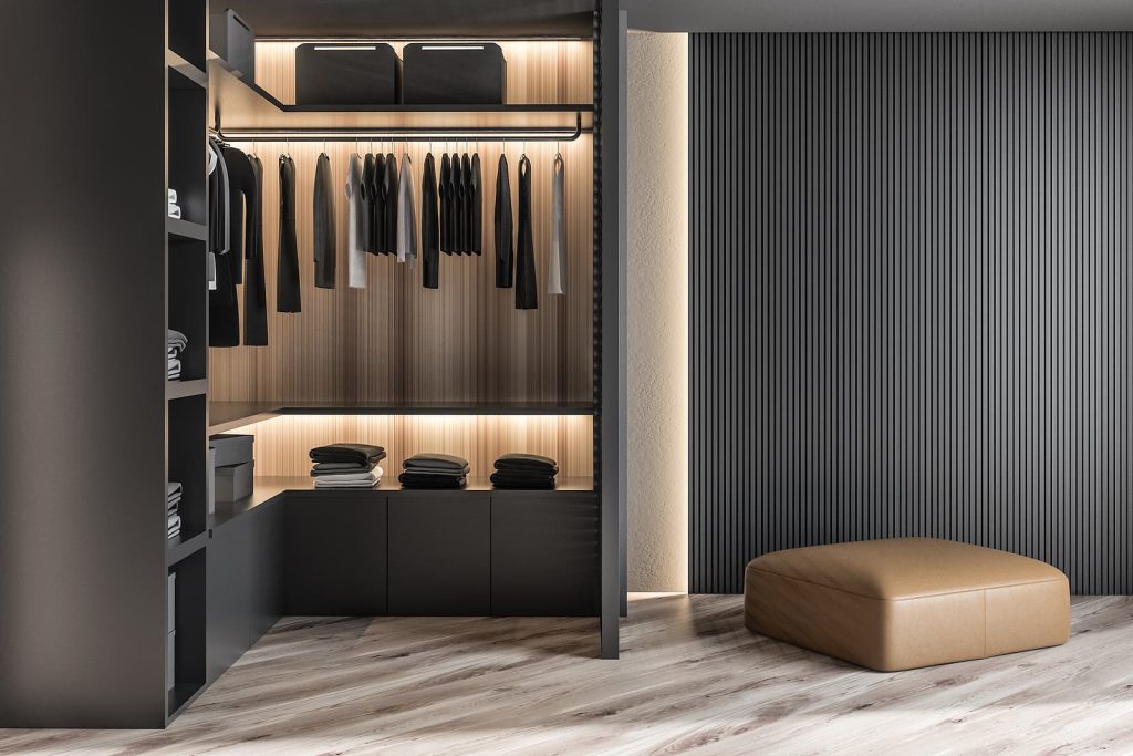 Make your own wardrobe - wooden wardrobe with clothes hanging on rai